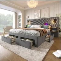 Luckice Polsterbett Doppelbett 180×200cm mit 2 Nachttischen und 4 Schubladen (Bettanlage Schlafzimmer Komplett Set, Kopfteil Leselicht mit USB Ladefunktion), Grau, Samt (Ohne Matratze)