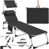 tectake Gartenliege klappbare Aluminium Sonnenliege mit Seitentasche, 218 x 60 x 33,5 cm, Balkonliege Aurelie, 1 St., für Außen in Schwarz, mit Kopfkissen, wetterfest und UV-beständig, verstellbar