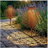 GLOBO LIGHTING LED Solarleuchte, LED-Leuchtmittel fest verbaut, Warmweiß, Solarkugel rost Außen Solarleuchte Garten Solarlampe LED 2er Set