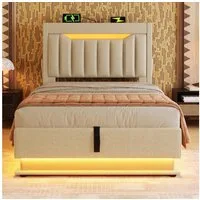 REDOM Polsterbett Bequeme Betten mit Stauraum und LED-Beleuchtung (Struraumbett, Funktionsbett, 90x200 cm, mit Matratze (H20cm), Beige), mit USB- und Typ-C-Anschlüssen, LED-Beleuchtung