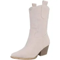 Ital-Design Elegante Damen Stiefel mit Stickerei für Alltag und Freizeit Westernstiefelette (90482751) Blockabsatz Stiefeletten in Beige