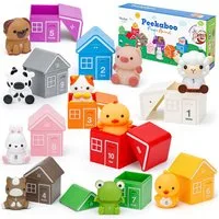 Wootoy Lernspielzeug Bauernhof-Spiel Montessori-Bauernhofspielzeug Zahlen-und Farblernspiel (mit 10 Scheunen und 10 Tierfiguren, 10-St., Robuste Scheunen und weiche Tierfiguren mit kindgerechter Verarbeitung), Ideales Freizeitspielzeug und Geschenk f