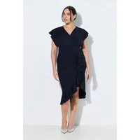 Ulla Popken Midikleid Bodycon-Jerseykleid Rüsche V-Ausschnitt Cup-Ärmel