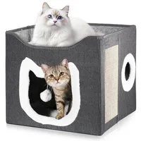 BlingBin Katzenzelt Faltbares 2-Ebenen Katzenhaus mit Kratzbrett und Spielball, große Haustierhöhle für Katzen und Hunde drinnen & draußen
