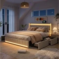 PXloue Polsterbett LED-Bett mit Stauraum und Ladeanschluss (Geeignet für Jugendliche und Erwachsene), Fernbedienung für LED-Farben und sicheres Leinenmaterial 180x200 cm