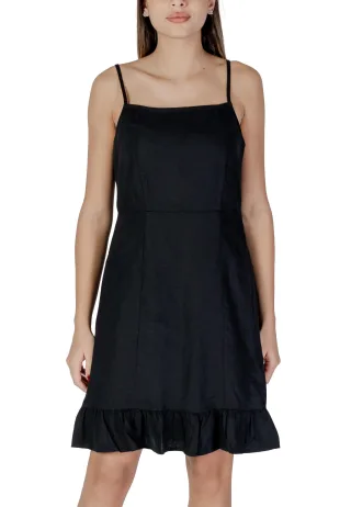 Schwarzes Mini-Kleid Ärmellos Rechteckiger Ausschnitt Rüschendetails