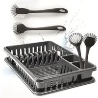 Hausfelder Abtropfmatte Geschirrabtropfkorb Set (Vorteilspack mit Geschirrbürsten, SpaceBlack), Geschirrkorb mit Auffangschale aus Kunststoff + Spülbürsten Set