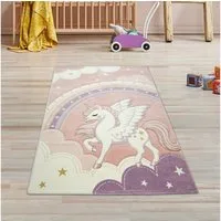 TeppichHome24 Kinderteppich Kinderzimmer Teppich Einhorn Regenbogen creme rosa, rechteckig, Höhe: 13 mm