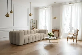 Sofa Designersofa SOLVIE 4-Sitzer in Stoff Moly Beige