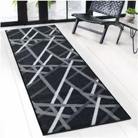 Floordirekt Läufer Printed, modernes Streifen Design, strapazierfähiger Flur Läufer, Rechteckig, rutschfeste Rückseite, für Flur, Küche & Eingang, Schwarz - 67x100 cm
