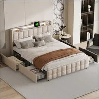 Simurq Polsterbett Doppelbett StauraumBett LED 160x200 cm (Leises Design Bett, Modernes Jugendbett), Mit LED-Beleuchtung, Lattenrost und Ladefunktion, Leinen