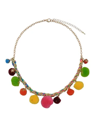 Steuer Modeschmuck Collierkette Metallcollier goldf. Mit bunten Textil-Pompoms