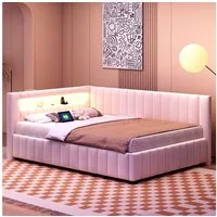 MODFU Polsterbett Daybett Tagesbett Polsterbett Doppelbett Kinderbett Gästebett (mit LED-Licht, USB-Anschluss, Rückenlehne und stabilem Rahmen, für Schlafzimmer & Gästezimmer, 140x200 cm), mit Matratze