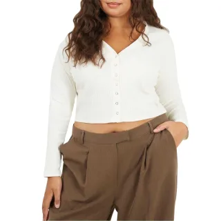 Brave Soul - Kurzes Top für Damen, V-Ausschnitt, Plus, Langärmlig (Cremefarbe)