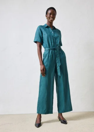 bonprix Jumpsuit aus reinem Leinen, petrol, Gr.50, eleganter Jumpsuit aus reinem Leinen, mit passendem Bindegürtel