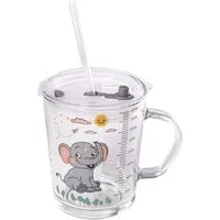 Intirilife Kinderbecher, 1-tlg., Glas, Kinder Trinkbecher transparent mit Deckel Strohhalm mit Elefant Design