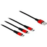 USB Ladekabel, USB-A Stecker > USB-C + Micro USB + Lightning Stecker schwarz/rot, 30cm, gesleevt, nur Ladefunktion