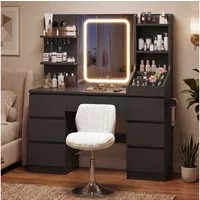 HOMALL Schminktisch Spiegel mit LED-Beleuchtung, 7 Schubladen (Maße: 110 × 40 × 139 cm, drei einstellbare Farbtemperaturen, mit 8 offenen Ablagefächern, 6 Schmuckhaken, 2 Steckdosen, 1 USB-Anschluss, 1 Typ-C-Anschluss und einer Haartrocknerhalterung)
