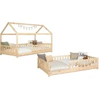 Ticaa Hausbett Duo mit Rausfallschutz aus Kiefer, Bodenbett 90x200, inkl. abnehmbarem Dach, mit Rollrost