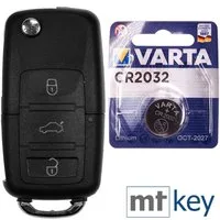 mt-key Auto Klapp Schlüssel Gehäuse 3 Tasten + HAA Rohling + VARTA CR2032 Knopfzelle, CR2032 (3 V), für VW SEAT SKODA (VAG Gruppe) in OE Qualität Funk Fernbedienung