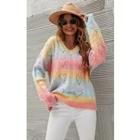 FS Collection Strickpullover Damen Strickpullover mit Herzmuster und weiter V-Ausschnitt (Einheitsgröße UK 8–16 / EU 36–44, 2 Farben : Regenbogen und Hellblau) 60 % Acryl, 30 % Polyester, 10 % Polyamid