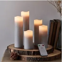 Lights4fun LED-Kerze 5er Set Stumpenkerzen Echtwachs grau mit Fernbedienung