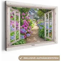 OneMillionCanvasses® Leinwandbild Hortensie - Fensterblick - Fenster - Blumen - Sommer - Lila - Weg, Fotodruck (1 St), Leinwand Bilder Klein, Wand Dekoration Aesthetic 30x20 cm