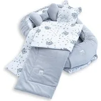Loolay Kuschelnest BABYNEST 5 TLG. Set PREMIUM Babyausstattung Baumwolle & Samt Velours, (MUSTER: GRAU Samt Velour/ Pustelblume Weiß, 5-tlg., Liebevoll handgefertigt Nestchen! Geborgenheit Komfort für Neugeborene), Premium Ausstattung - 100% Europäis