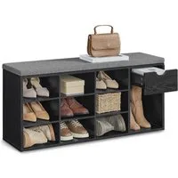 VASAGLE Schuhbank Schuhregal, Flur, Schlafzimmer und Eingangsbereich, 30 x 104 x 48 cm (1 Schublade, 10 offene Fächern), Sitzbank, gepolsterter Sitz, ebenholzschwarz-schiefergrau