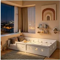 Simurq Kinderbett Bodenbett mit Rausfallschutz,Lattenrost Montessori Betten (1-tlg., Montessori Kinderbett aus Massivholz), Einzelbett Jugendbett Kiefer Weiß