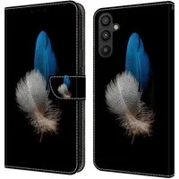 CLM-Tech Handytasche für Samsung Galaxy A57 5G Klapphülle aus PU Leder (zwei Federn blau und weiß, 1-tlg., Flip Case), Magnetverschluss, Standfunktion und Kartenfächer