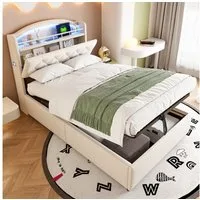 Flieks Polsterbett, Hydraulisches Kinderbett 90x200cm mit LED, Stauraum und Aufladen