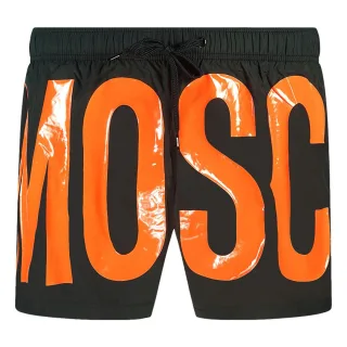 Schwarze Badeshorts Mit Großem Orangefarbenem Logo Von Moschino
