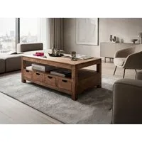 Massivart® Couchtisch Wohnzimmertisch, B 120 cm, Massivholz Mango dunkel gebeizt »MANGALA«, montiert · 4 Schubladen · 1 offenes Ablagefach · viel Stauraum