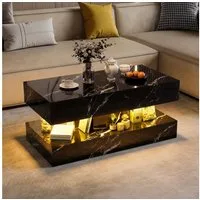 BELUPAI Couchtisch Wohnzimmertisch Hochglanz Tischplatte in Marmoroptik mit LED (Beistelltisch mit LED-Beleuchtung, Kaffeetisch mit 2 versteckten Schubladen), Sofatisch für Wohnzimmer, Schlafzimmer, Büro, Schwarz