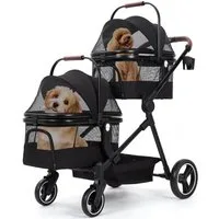 GarveeMore Hundebuggy 3-in-1Faltbarer Doppelstöckiger Hundebuggy (15kg pro Ebene), mit Netzfenstern,Stauraum&Getränkehalter für Kleine Hunde/Katzen