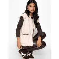 SASSYCLASSY Kurzweste Teddy-Weste mit Leo-Rand für Damen Weiche Weste mit Kontrastdetails und aufgesetzten Taschen Beige