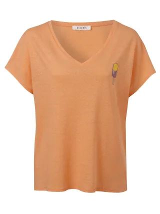 eiszeit - T-Shirt V-Ausschnitt 1/2 Arm Motiv überschnittene Schulter coral multicolor - Gr. - 44