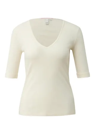 Q/S designed by - Slim Fit T-Shirt mit V-Ausschnitt und halblangen Ärmeln weiß - Gr. - XL