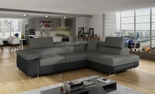 Ecksofa Schlafsofa SARRA Stoff Soft- Sawana Schwarz-Dunkelgrau Ottomane Rechts