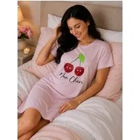 Rungassi Nachthemd Nachthemd Damen Kurzarm Schlafshirt Baumwolle Rosa mit Kirschen 6819