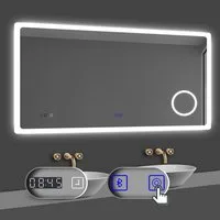 duschspa Badspiegel Kalt/Neutral/Warmweiß Spiegel mit LED Beleuchtung Dimmbar Beschlagfrei, Touch, Bluetooth 5.0, Schminkspiegel, Uhr