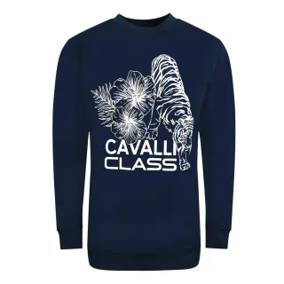 Cavalli Class grosses marineblaues Sweatshirt mit Blumen-Tiger-Design