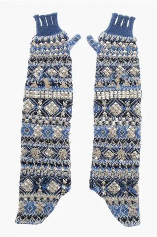 Gestrickte fingerlose, warme Handschuhe mit Nieten in Azzurro, Bianco, Blu, Multicolor
