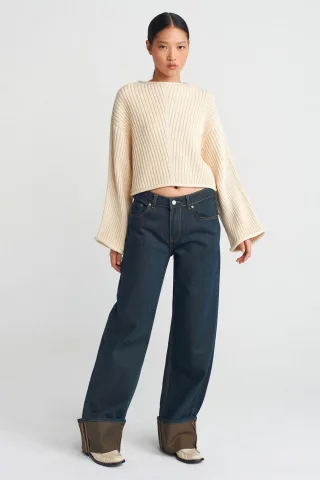 Mittlere Taille Weite Beinform Baumwoll-Denim-Jeans