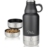 Milu Trinkflasche Hunde Wasserflasche, für Unterwegs, 950ml, mit Futternapf, Edelstahl, schwarz