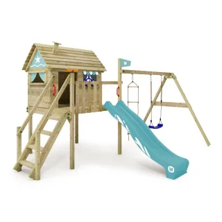 Spielturm Smart Journey mit 120 cm Podesthöhe - Stelzenhaus inklusive Wellenrutsche, Strickleiter und Schaukel aus Massivholz für den Garten - Wickey
