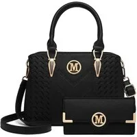 LuxusKollektion Henkeltasche Handtasche Damen Henkeltasche Lychee Muster 2-1 Schwarz mit Geldbörse