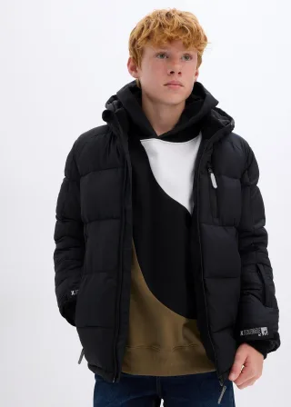 bonprix warm gefütterte Winter-Steppjacke mit Kapuze, schwarz, Gr.164/170, Komfortable Jungen Winterjacke mit reflektierenden Details
