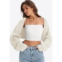 Imily Bela Bolero Damen Cropped Strick Langarm mit Ballonärmeln Offene Kurze Strickjacke (Packung, 1-tlg., 1per-Pack) gehäkelt in Unifarbe